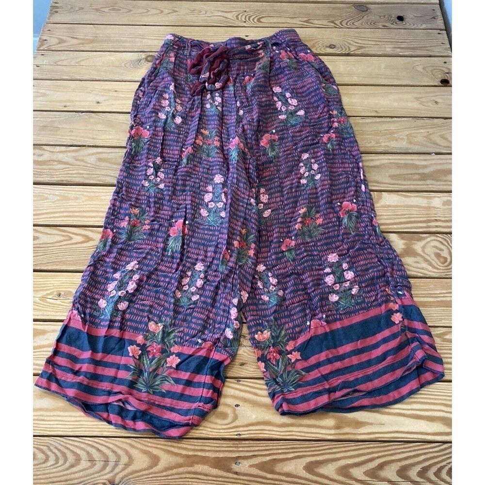 Emily Lovelock Floral Drawstring Wide Leg Pants Size 40 Women’s Red